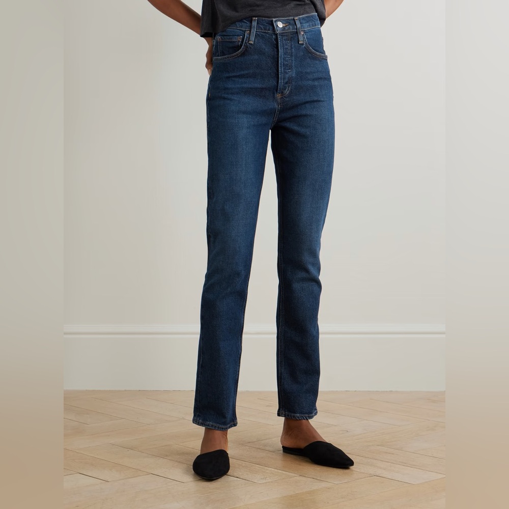 Agolde High Rise Straight Jeans in Dark Blue Wash